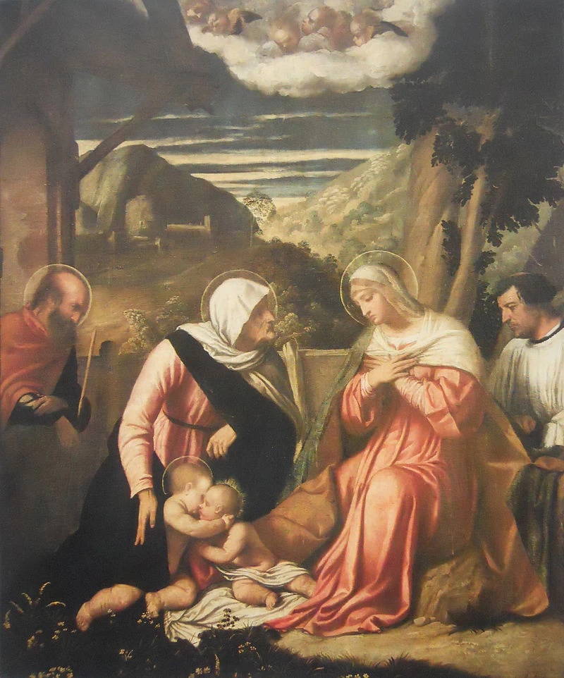 100-Alessandro Bonvicino-Moretto-La santa Famiglia con santa Elisabetta, san Giovanni Battista fanciullo e un devoto-Pralboino(BS)